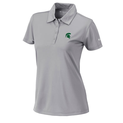 Women's gray Columbia polo with a four-button placket, a green Spartan Helmet logo on the upper left chest, and the signature Columbia logo on the right shoulder.
