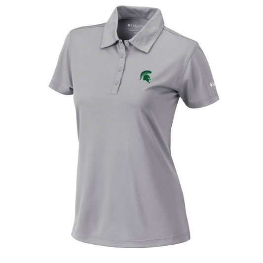 Women's gray Columbia polo with a four-button placket, a green Spartan Helmet logo on the upper left chest, and the signature Columbia logo on the right shoulder.