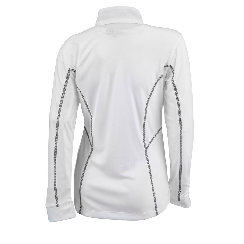 Back of a white women's quarter-zip with contrasting black stitching.