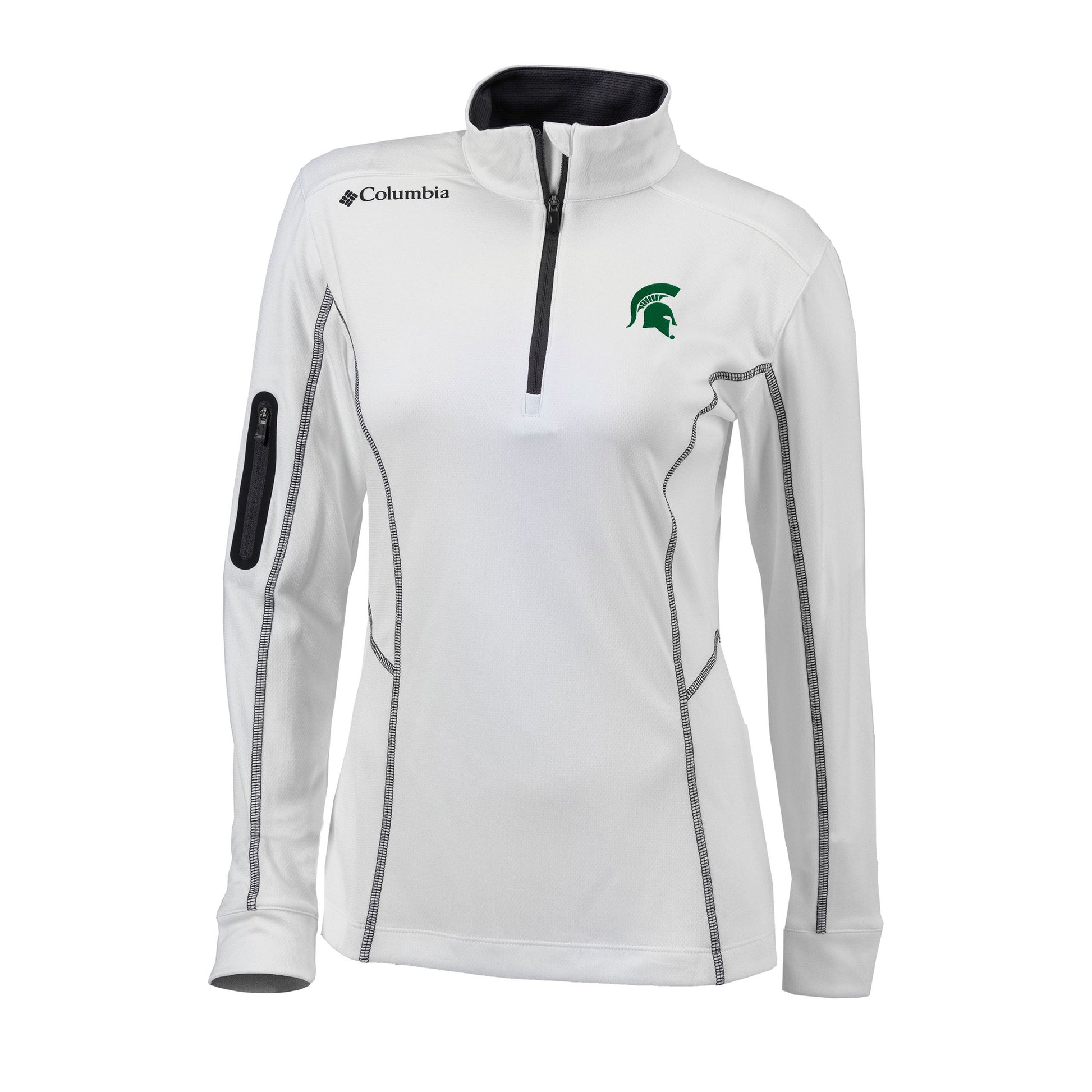 Women's white Columbia quarter-zip with black contrast stitching, a green Spartan Helmet logo on the upper left chest, and the signature Columbia logo on the right shoulder.