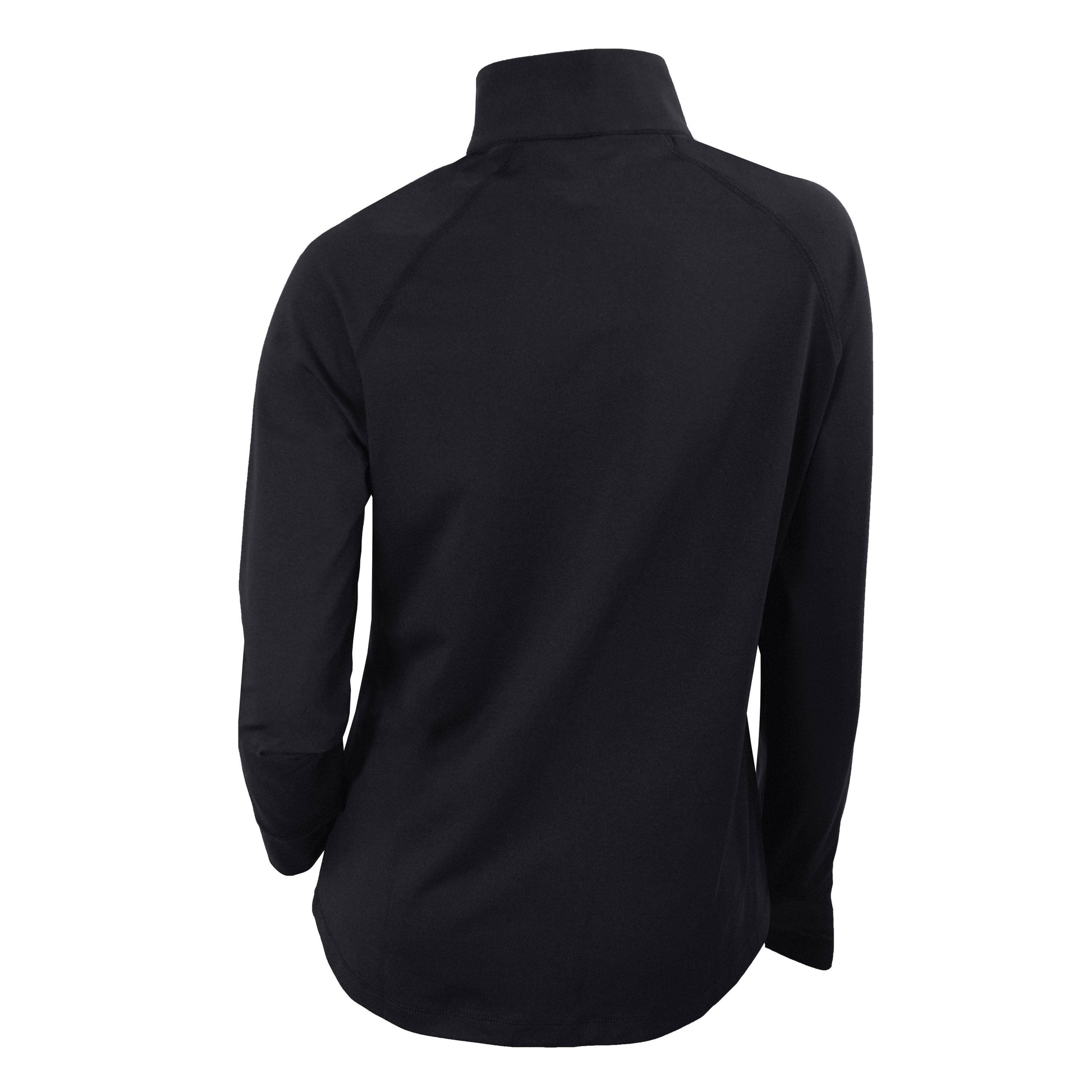 Back of a woman's black full-zip Columbia jacket.