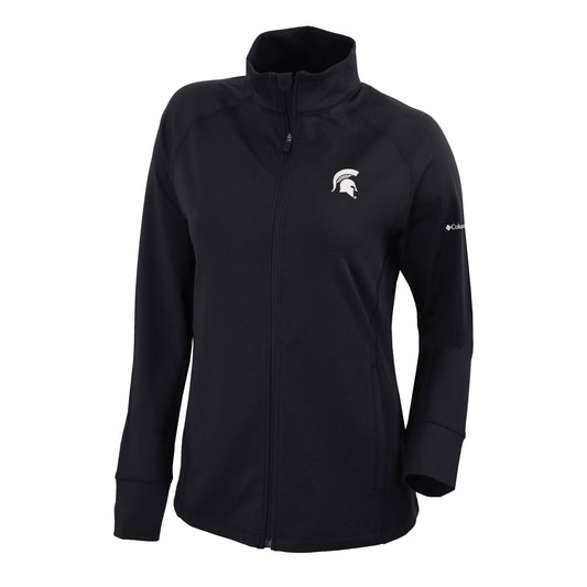 Women's black full-zip jacket with a white Spartan Helmet logo on the upper left chest and the signature Columbia logo on the left sleeve.