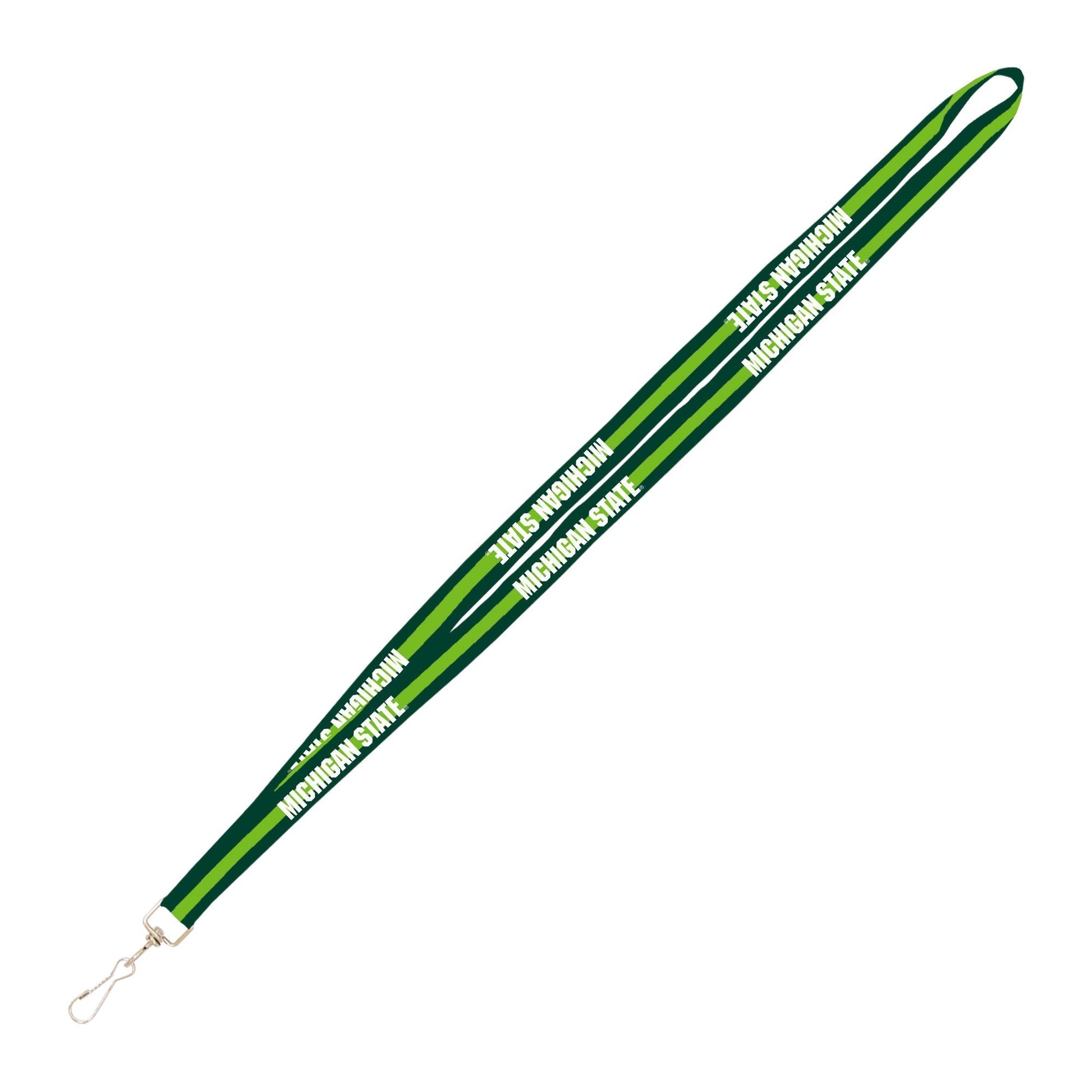 A Spartan Green lanyard with a lime green stripe down the middle and the words "Michigan State" embroidered along it in white. The lanyard ends in a metal swivel with a J-Hook clip attachment.