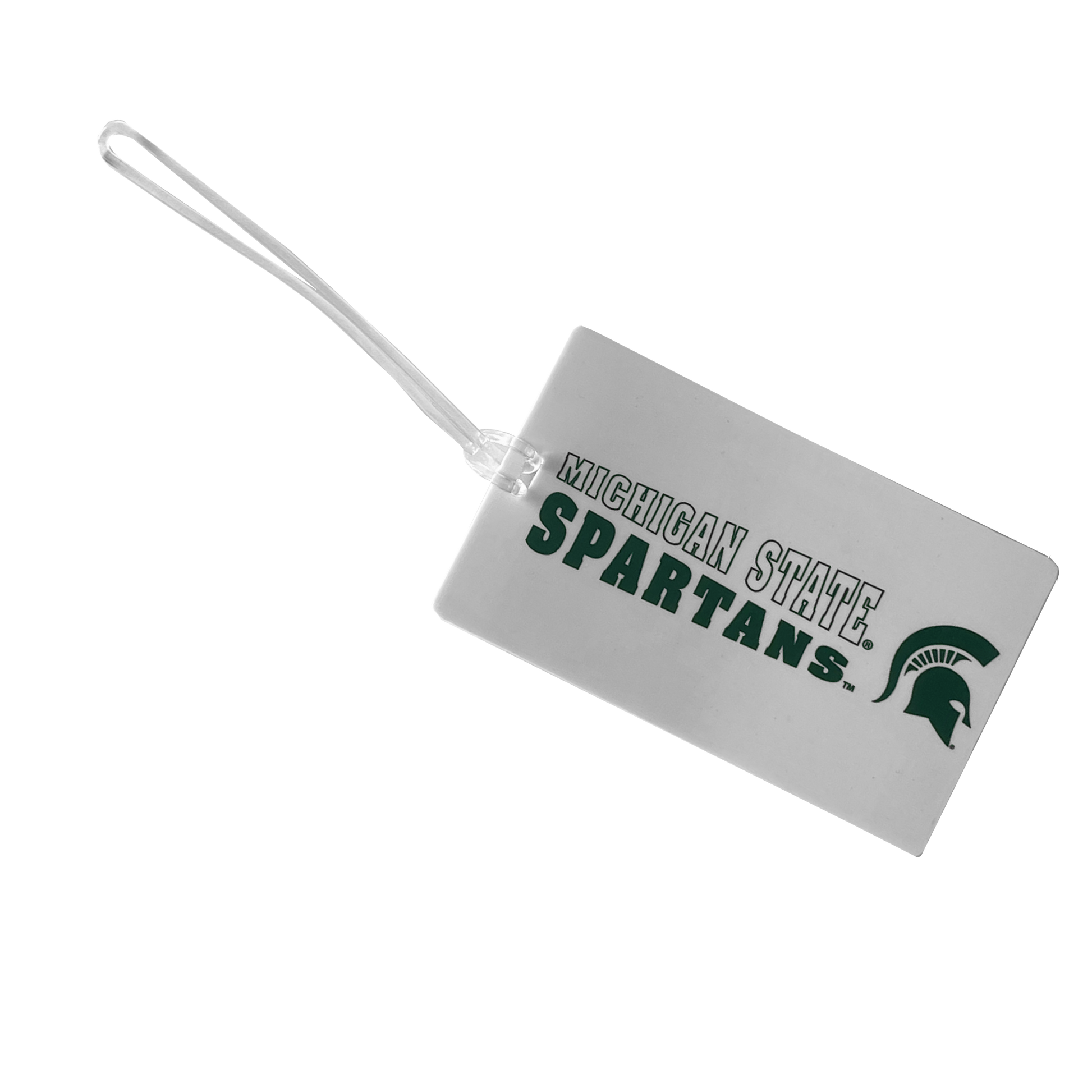 A white, rectangular luggage tag with a clear strap. The words "Michigan State Spartans" in a collegiate font are displayed in a slanted style, with "Michigan State" in white on top and "Spartans" in dark green on the bottom. To the right is a dark green Spartan Helmet logo.