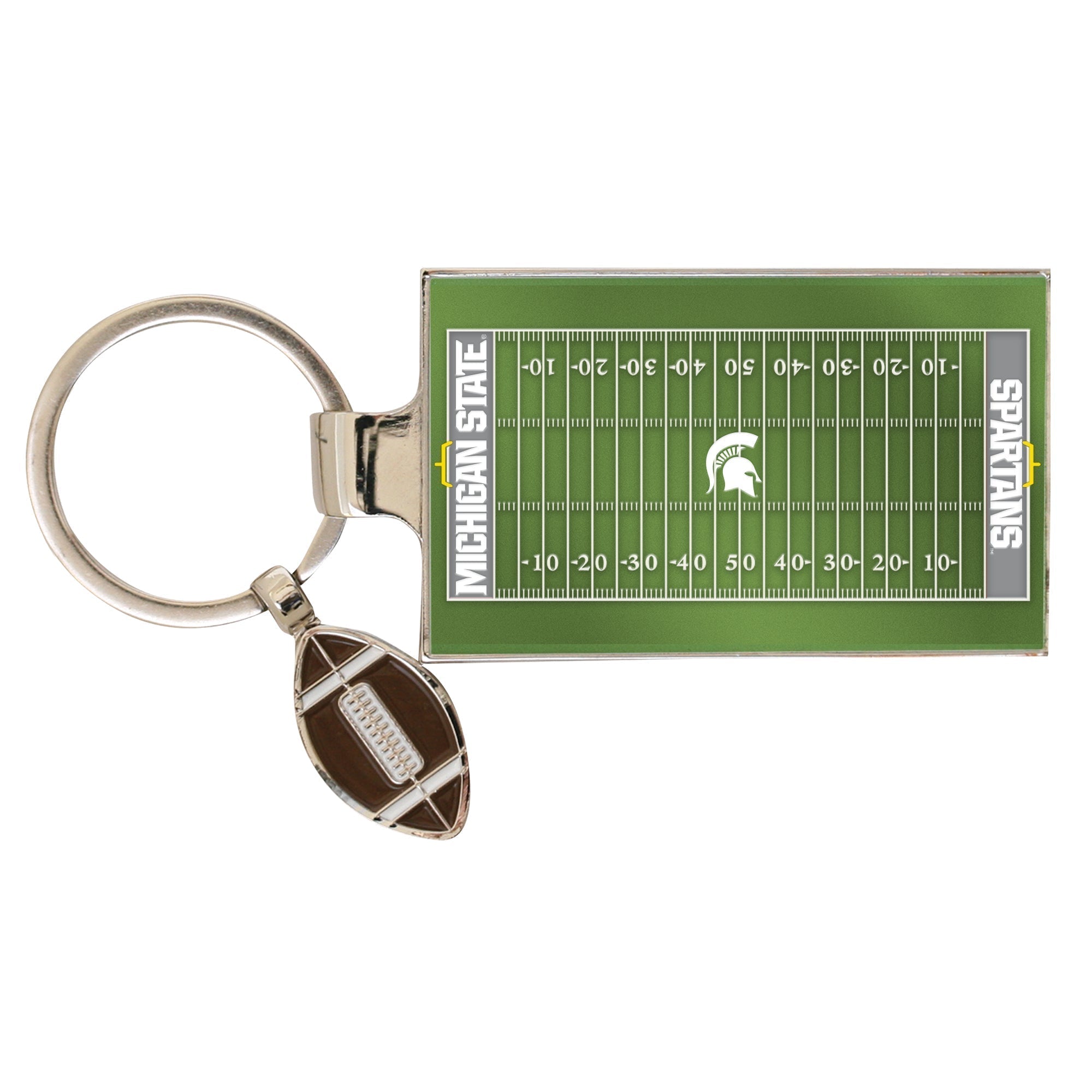 A keychain of the football field in Spartan stadium along with a football medallion. 