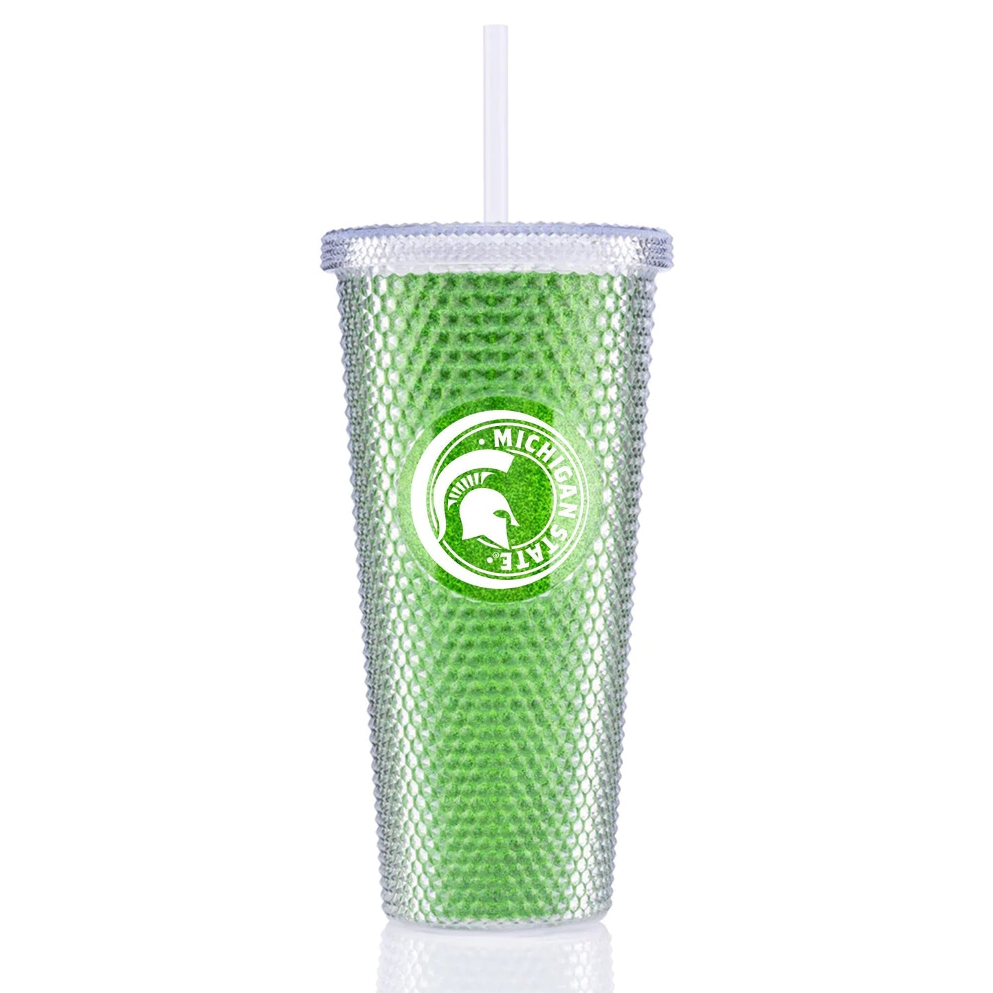 Metallic green tumbler with a studded exterior and a white circular graphic containing a Spartan Helmet logo and text that reads "Michigan State." The tumbler has a plastic lid and straw. 