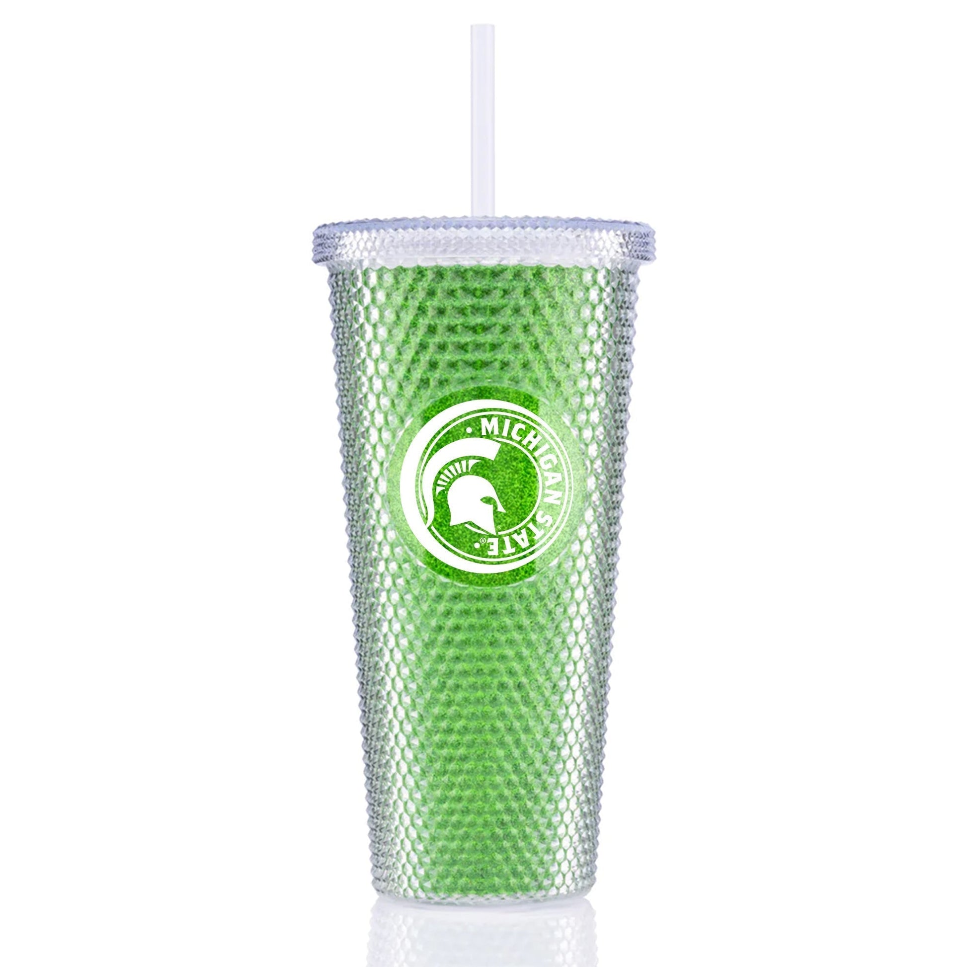Metallic green tumbler with a studded exterior and a white circular graphic containing a Spartan Helmet logo and text that reads "Michigan State." The tumbler has a plastic lid and straw. 