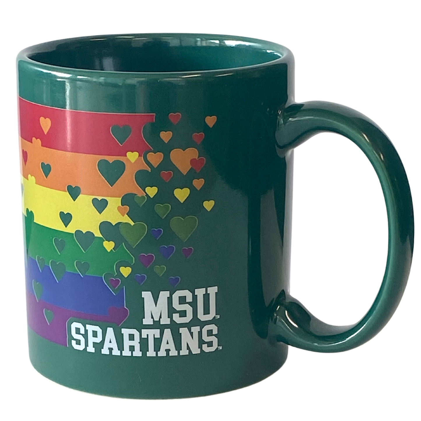 Forest green mug with horizontal rainbow stripes, colorful hearts, and white text that reads "MSU Spartans" at the bottom. 
