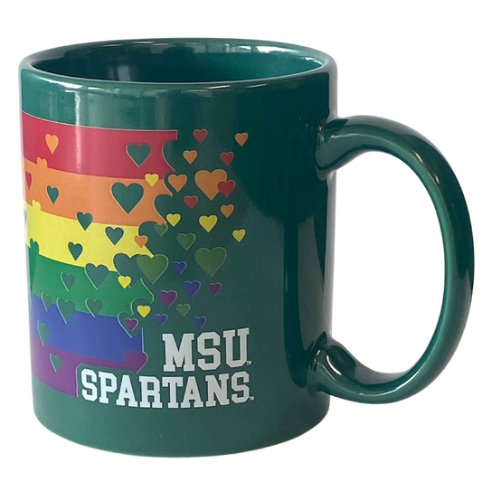 Forest green mug with horizontal rainbow stripes, colorful hearts, and white text that reads "MSU Spartans" at the bottom. 