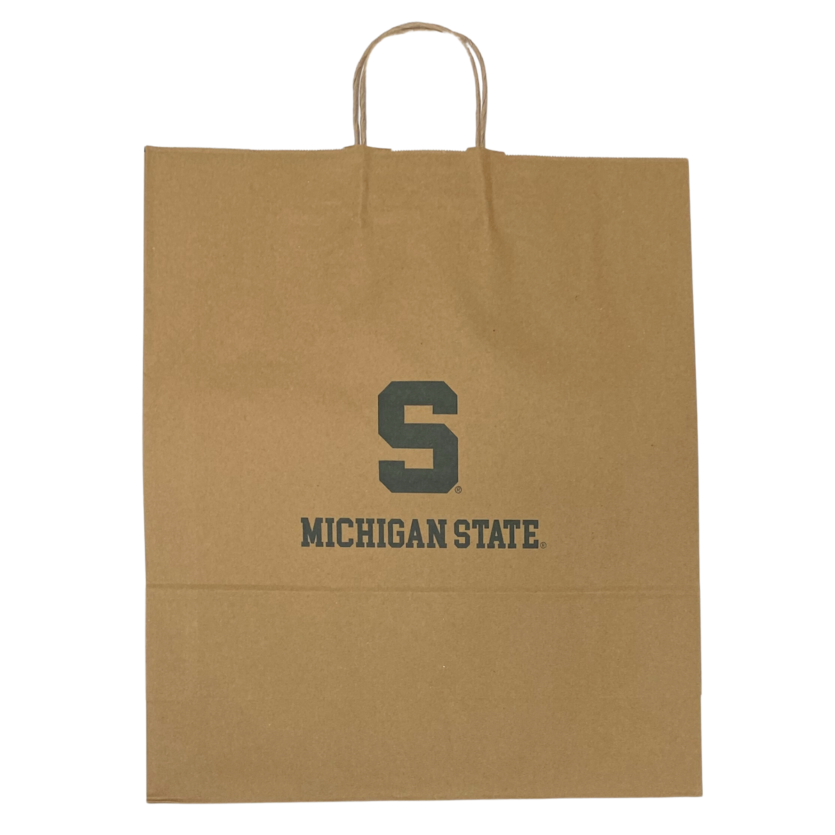 A brown heavy-weight kraft paper gift bag. It's 16 inches wide, 19 inches tall, and 6 inches deep. The bag features a green block S logo and the words "Michigan State" in a green collegiate font. At the top are thin brown handles made of twisted paper. 