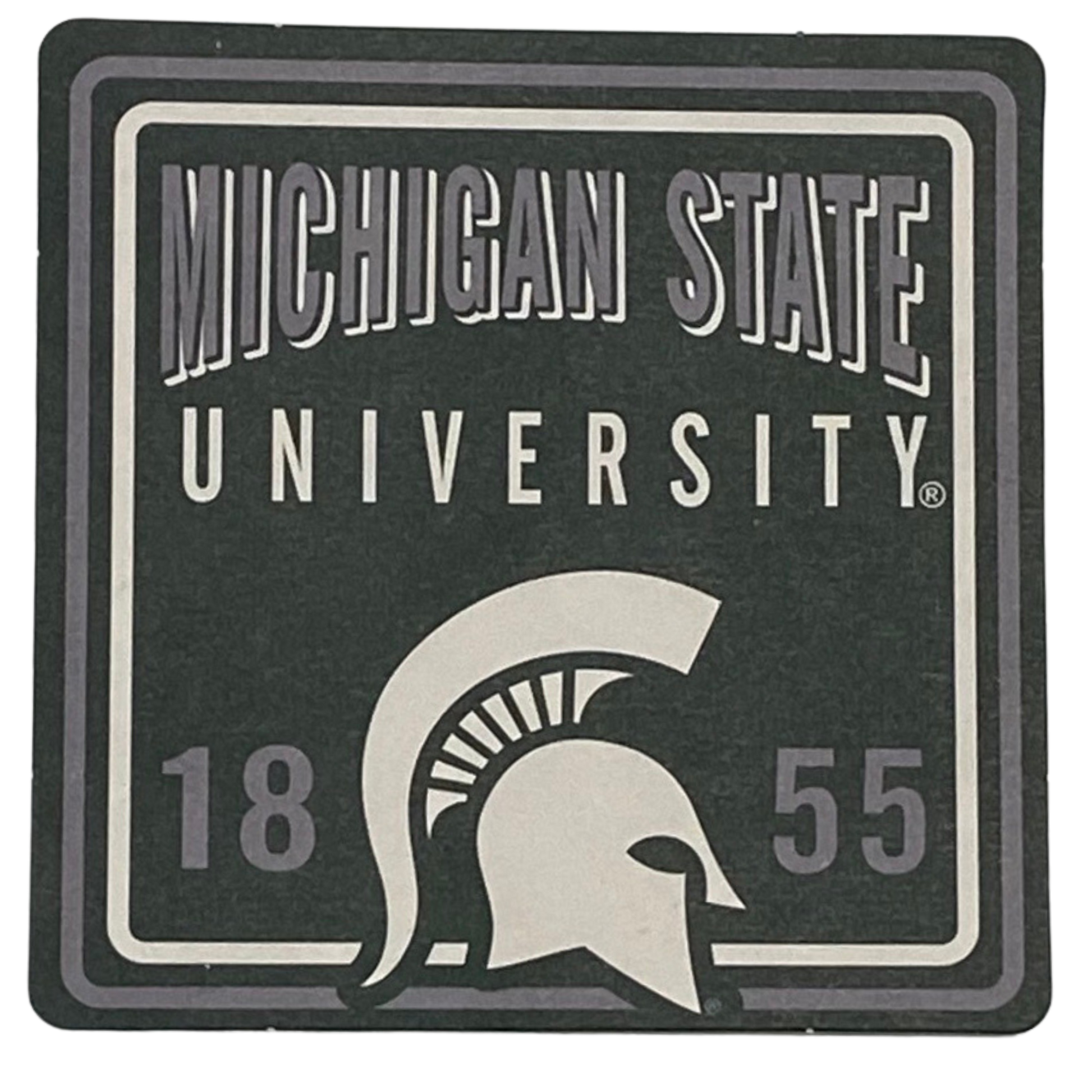 10 pack of board coasters with a white Spartan Helmet logo in the middle of numbers that read "1855" and a gray and white wordmark that reads "Michigan State University" at the top.