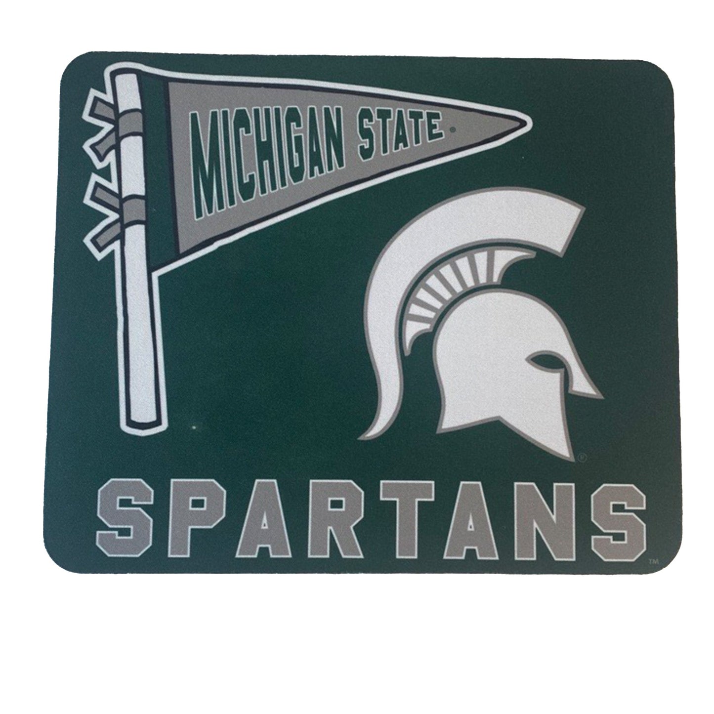 A dark green mousepad with a cartoon Michigan State pennant in top left, a white Spartan Helmet center right, and Spartans written in gray block letters along the bottom.