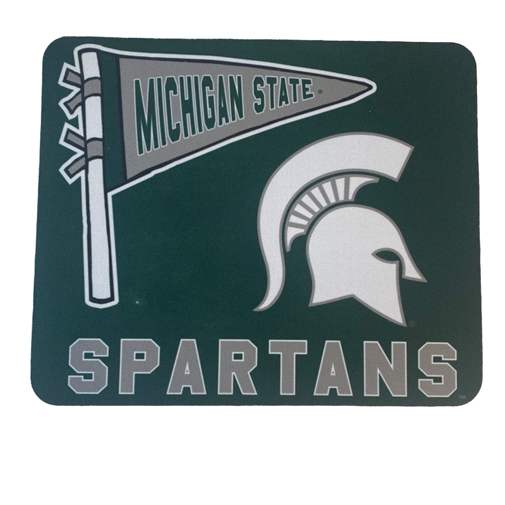 A dark green mousepad with a cartoon Michigan State pennant in top left, a white Spartan Helmet center right, and Spartans written in gray block letters along the bottom.