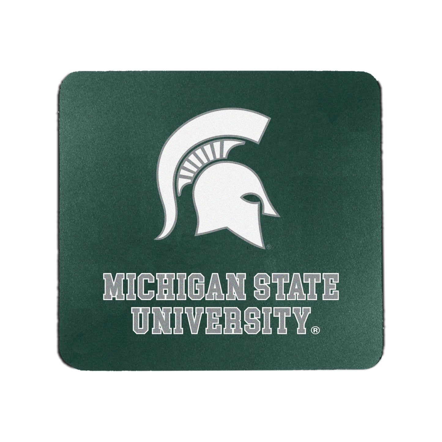 A square mousepad with rounded corners. The mousepad is dark green with a white Spartan Helmet logo and the words "Michigan State University" in gray with a white outline. 