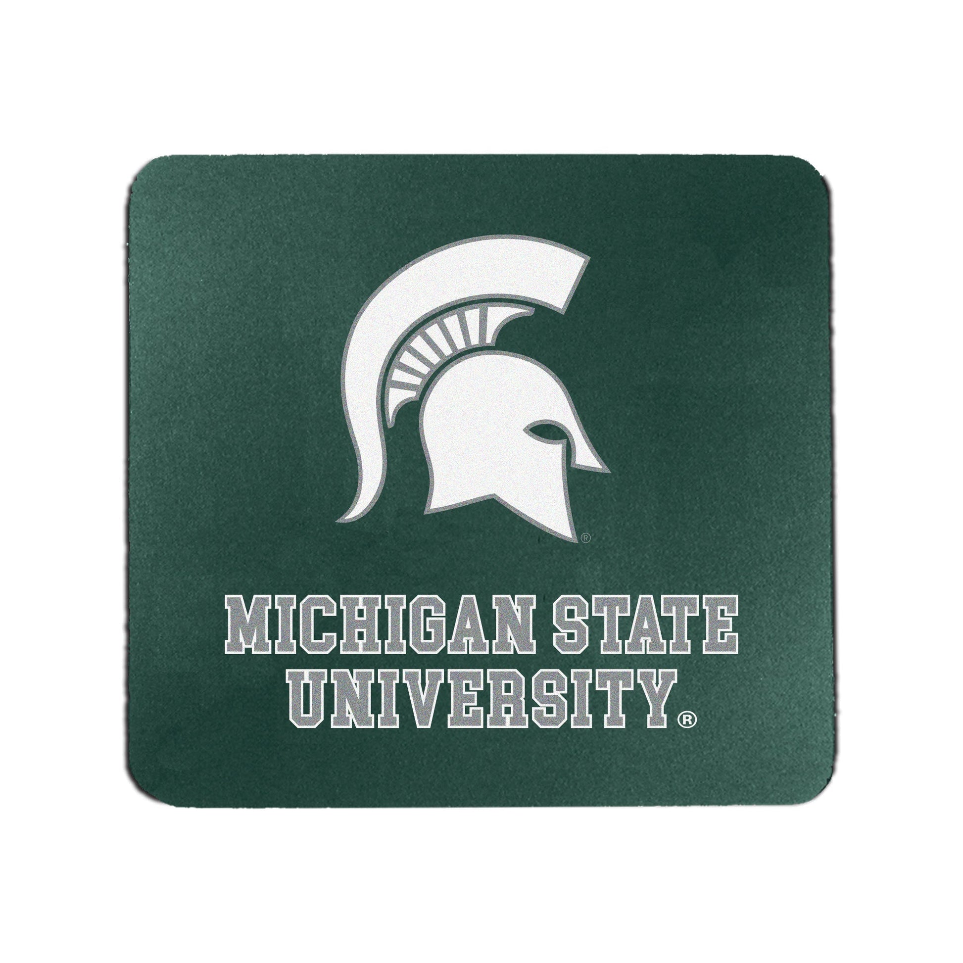 A square mousepad with rounded corners. The mousepad is dark green with a white Spartan Helmet logo and the words "Michigan State University" in gray with a white outline. 