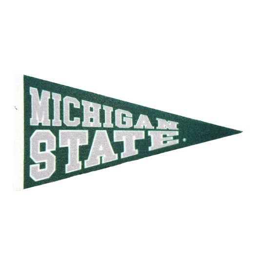 A green pennant flag magnet with "Michigan State" written in all caps on the flag in grey.