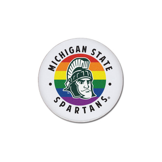 Circular magnet with a thick white border that has two curved lines of text reading "Michigan State Spartans." In the center, a circle with rainbow stripes (red to purple, top to bottom) features a vintage-style graphic of the Sparty mascot head in green and white.