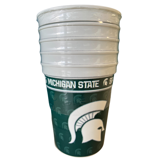 Five-pack of plastic 16 oz. cups, featuring a wraparound design that includes a large white Spartan helmet logo in the center with a dark green background and a faded green Spartan helmet pattern. Around rim it reads "Michigan State Spartans."