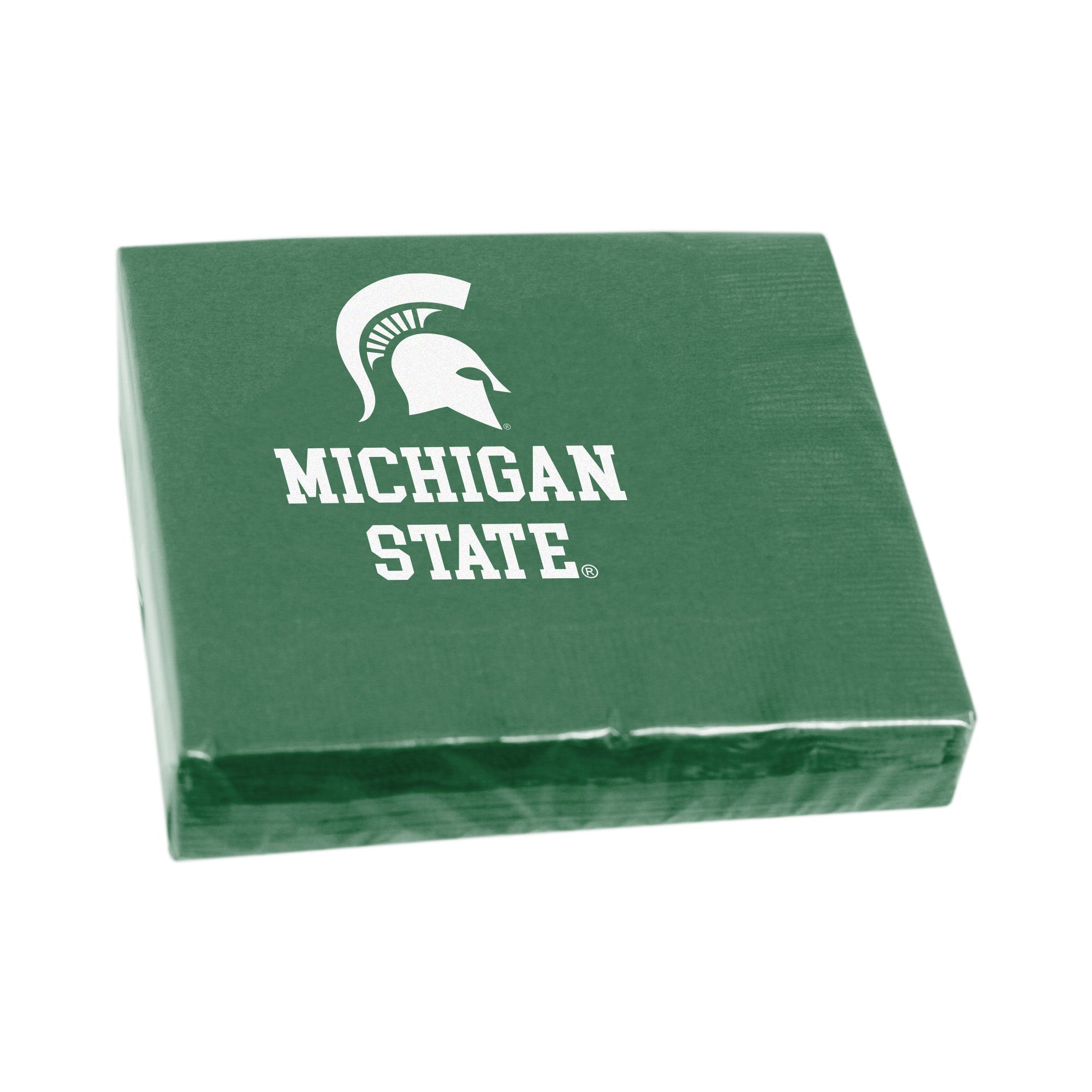 A plastic wrapped package of green beverage napkins with a white Spartan helmet and Michigan State underneath in block letters.