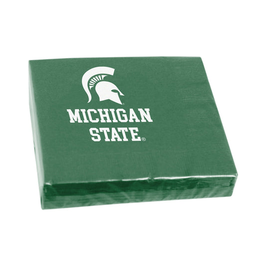A plastic wrapped package of green beverage napkins with a white Spartan Helmet logo and "Michigan State" underneath in white block letters.