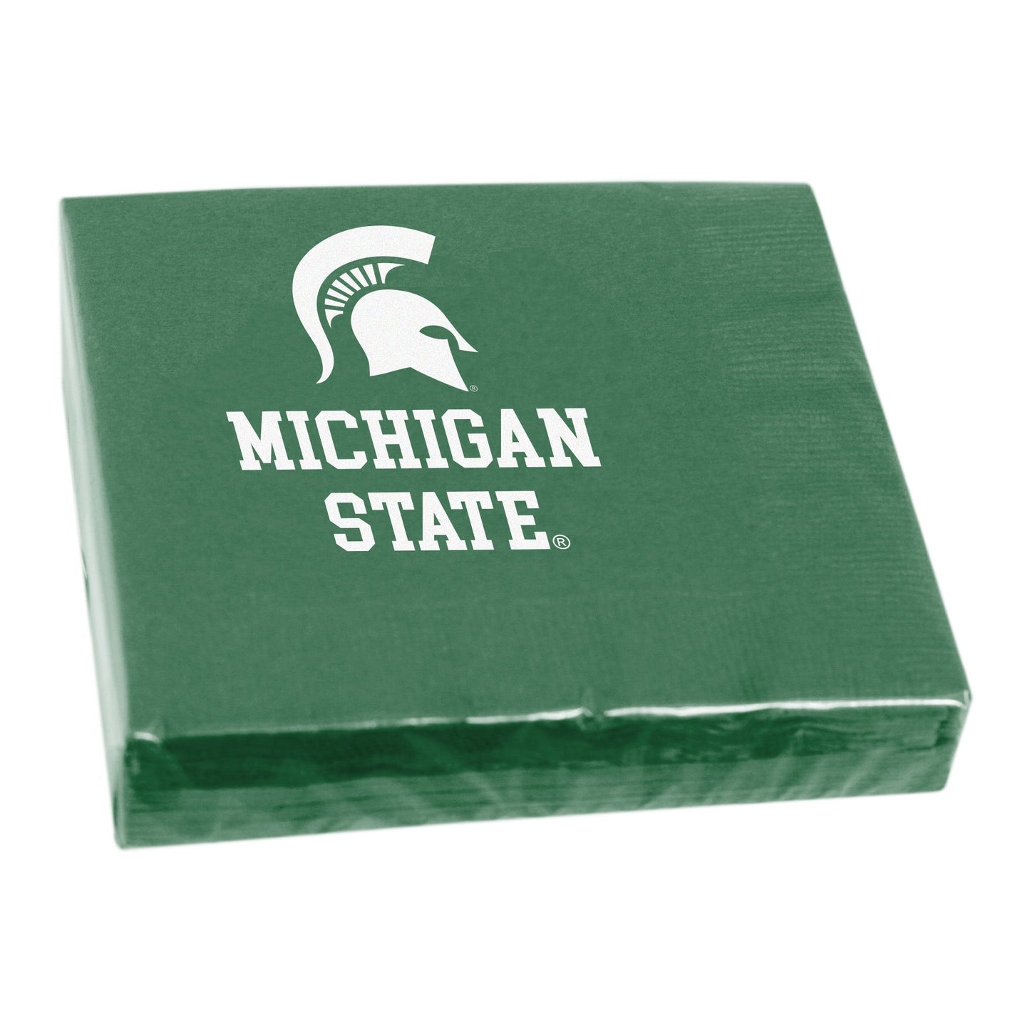 Plastic wrapped pack of 25 green luncheon napkins with a white Spartan Helmet logo and white text that reads "Michigan State" underneath the logo.