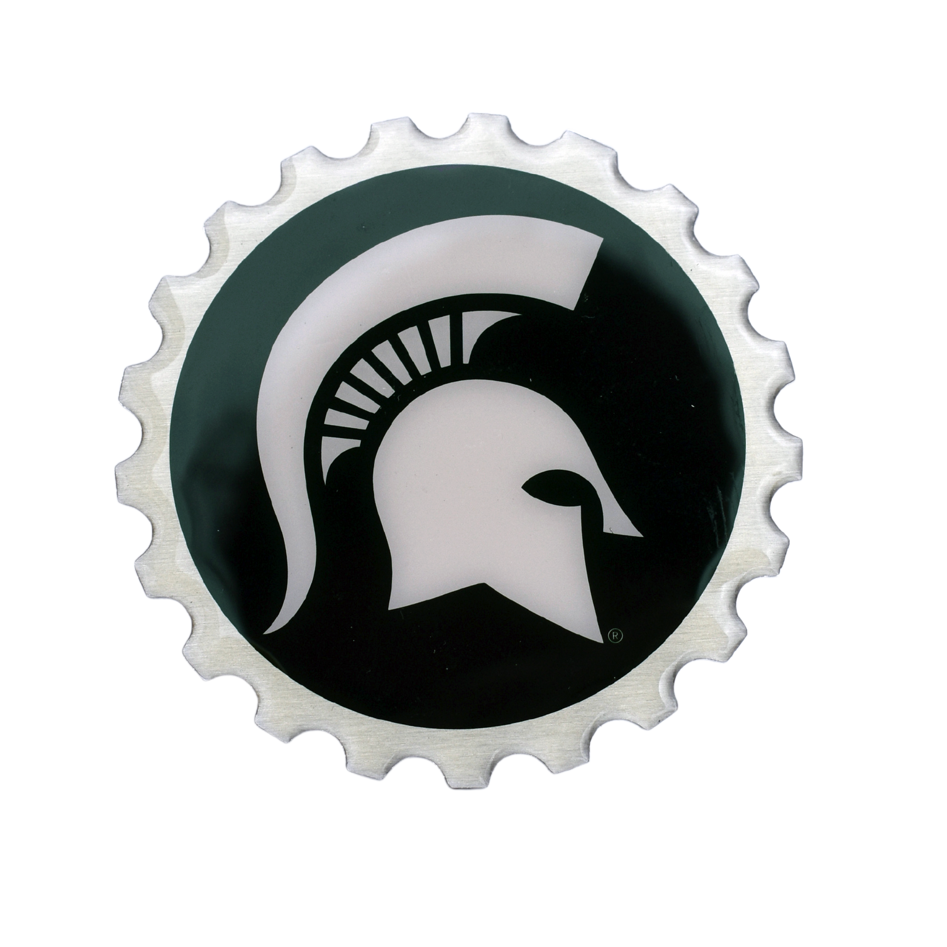 Dark green circle with a large white Spartan Helmet logo in the center. The edges are scalloped and silver in color, giving the effect of a gear.