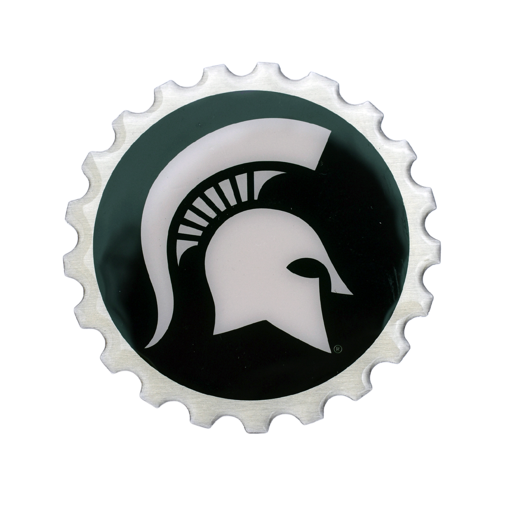 Dark green circle with a large white Spartan helmet in the center. The edges are scalloped and silver in color, giving the effect of a gear