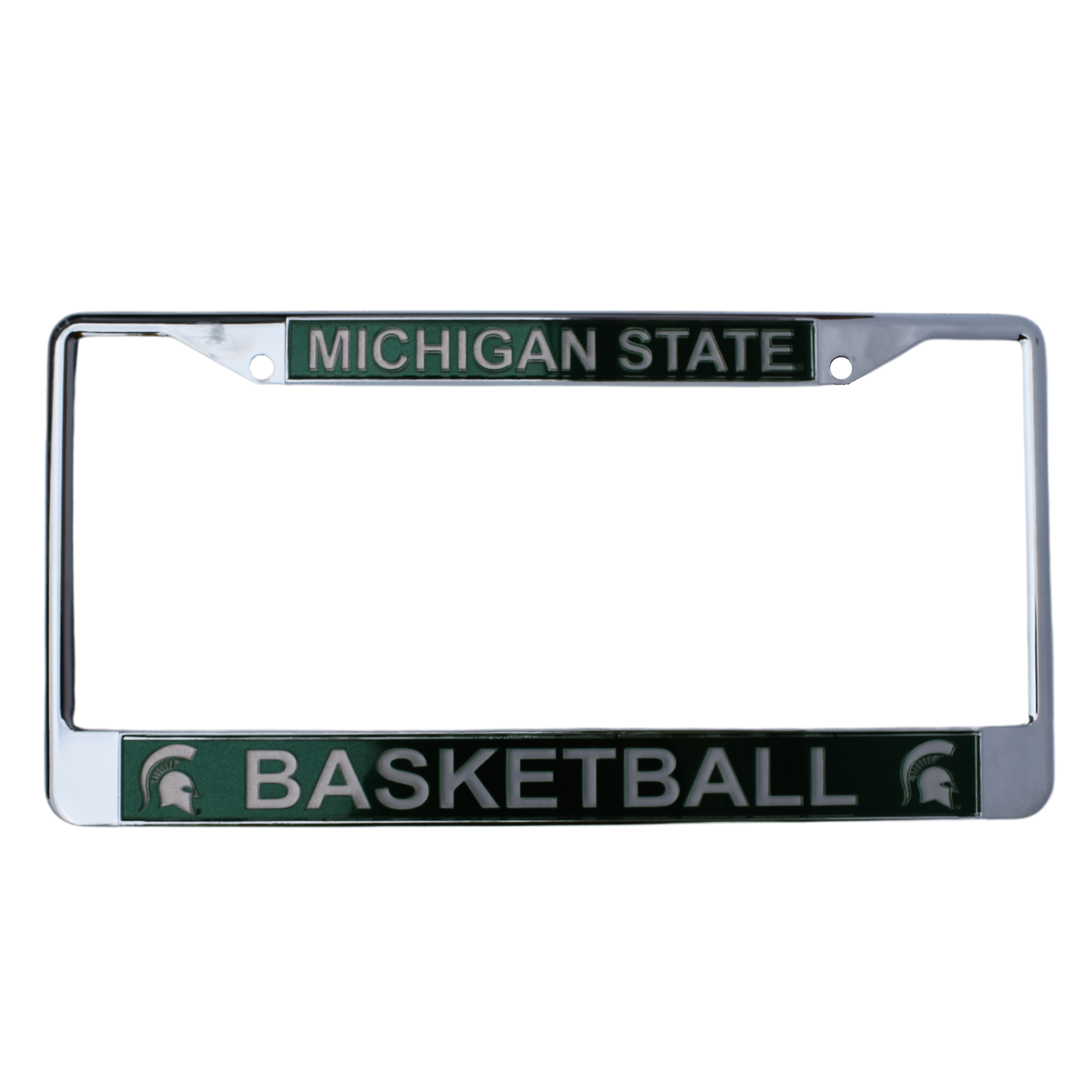 Chrome license plate with two screw holes at the top. A forest green block along the top reads "Michigan State" in all caps, and a matching block at the bottom reads "Basketball" between two Spartan helmets.