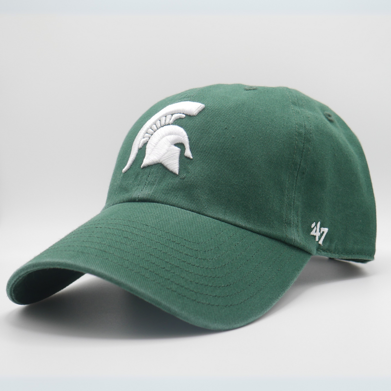 A green baseball cap with a white Michigan State Spartan helmet logo on the front center of the hat. 