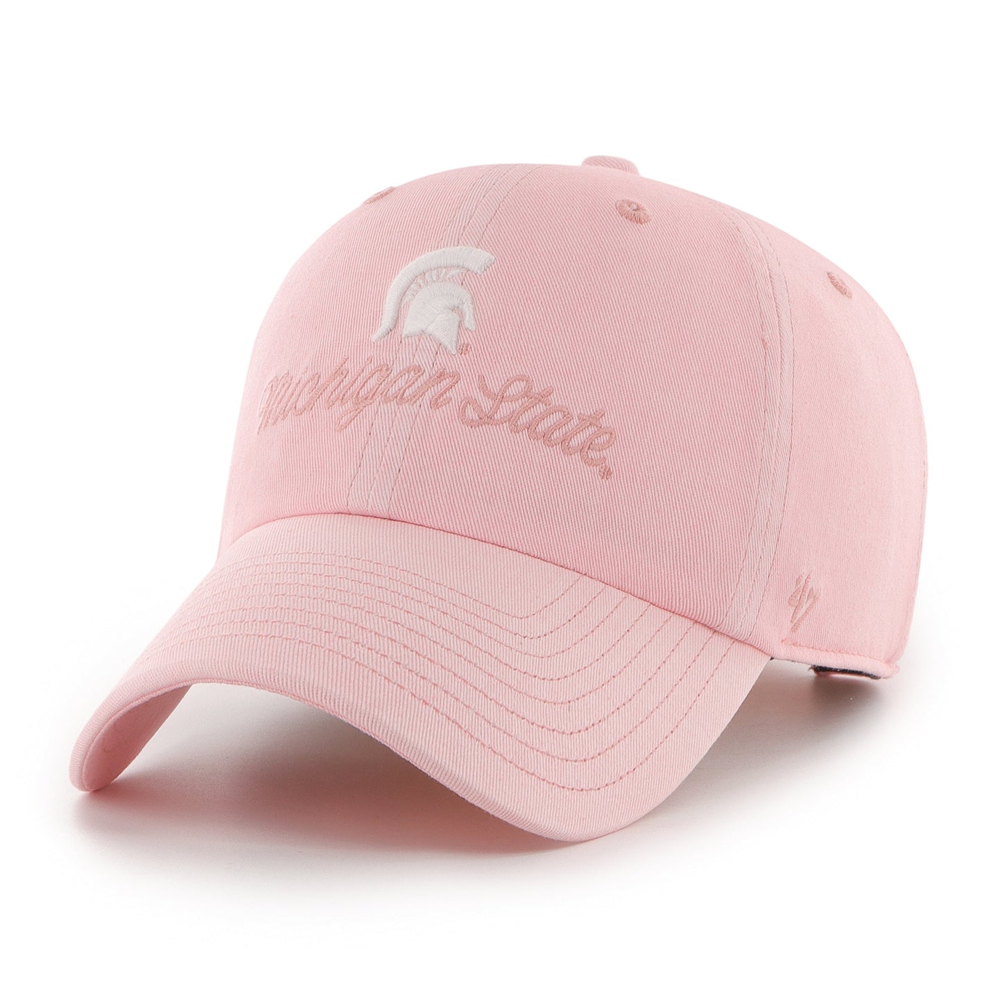 Unstructured pink baseball cap with a curved bill and an adjustable fabric closure. On the front of the hat is large pink embroidered "Michigan State" in script font underneath a white embroidered Spartan Helmet logo.