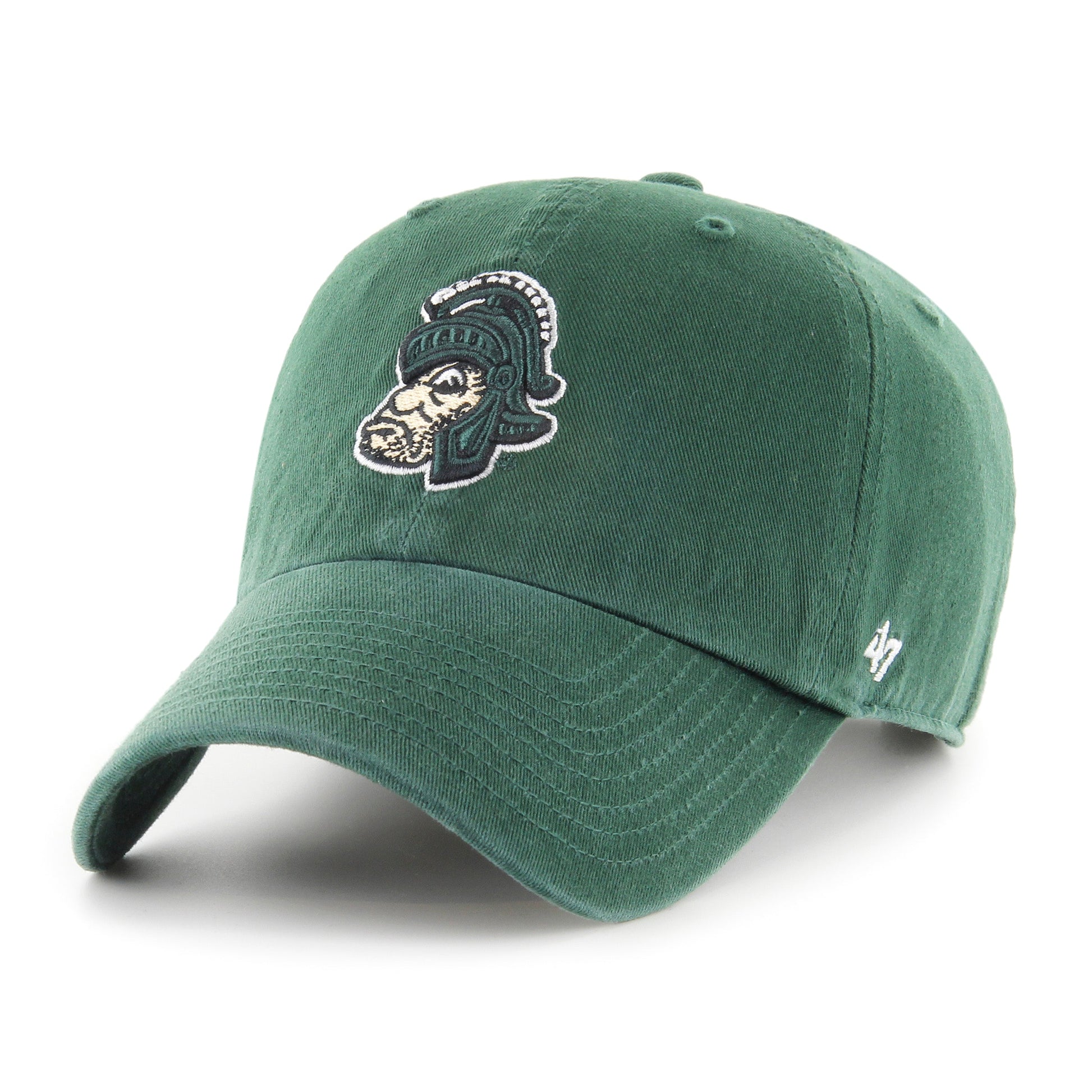 Unstructured green baseball cap with curved bill, a large embroidered vintage Gruff Sparty image, and an adjustable fabric closure. 