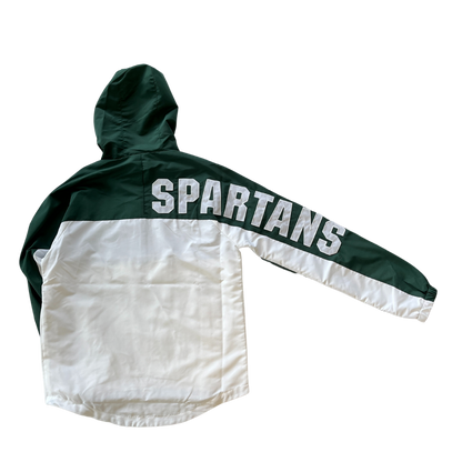 Back of a green and white hooded rain jacket. The jacket has the Spartan Helmet logo in white on the left chest, with "Spartans" written in all caps down the side of the right sleeve.