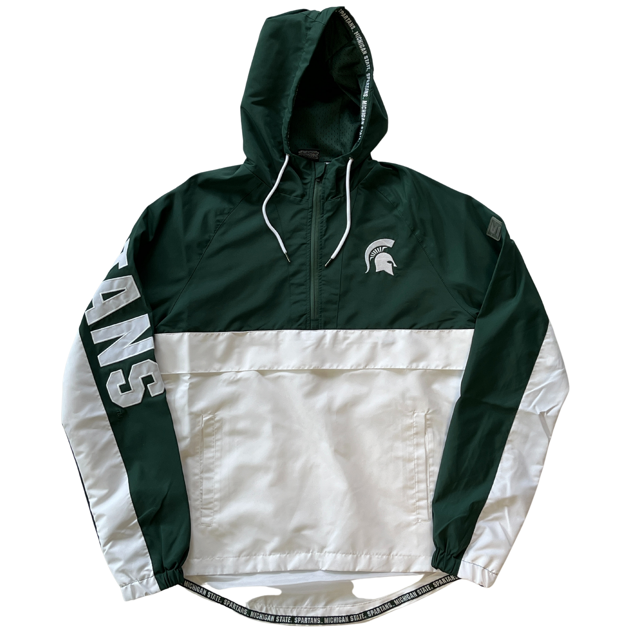 A green and white hooded rain jacket. The jacket has the MSU spartan helmet logo in white on the left chest, with Spartans in all caps down the side of the right sleeve. 