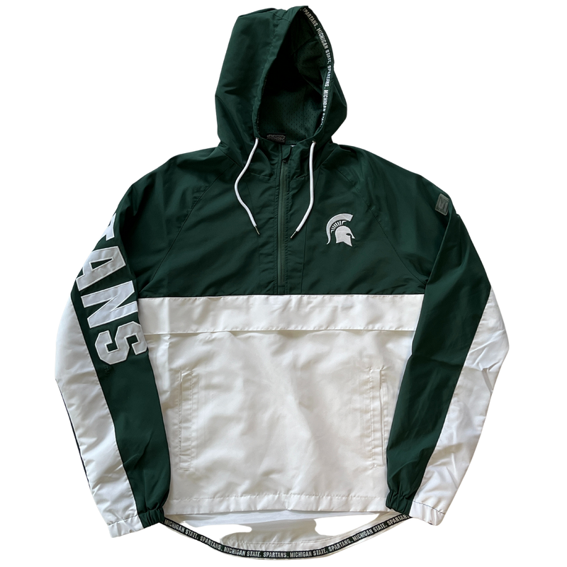 A green and white hooded rain jacket. The jacket has the MSU spartan helmet logo in white on the left chest, with Spartans in all caps down the side of the right sleeve. 