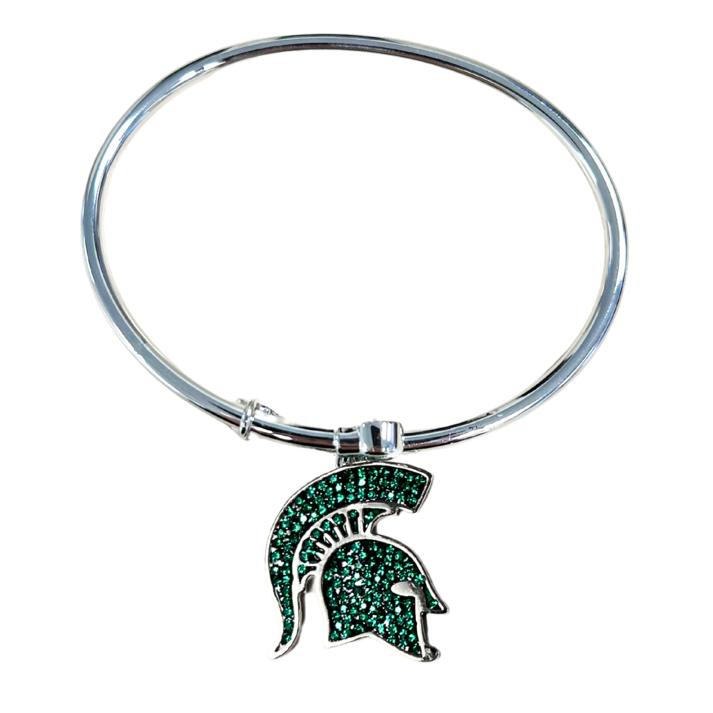 A silver, adjustable bangle style bracelet with a Spartan Helmet logo medallion that is filled with green crystals.