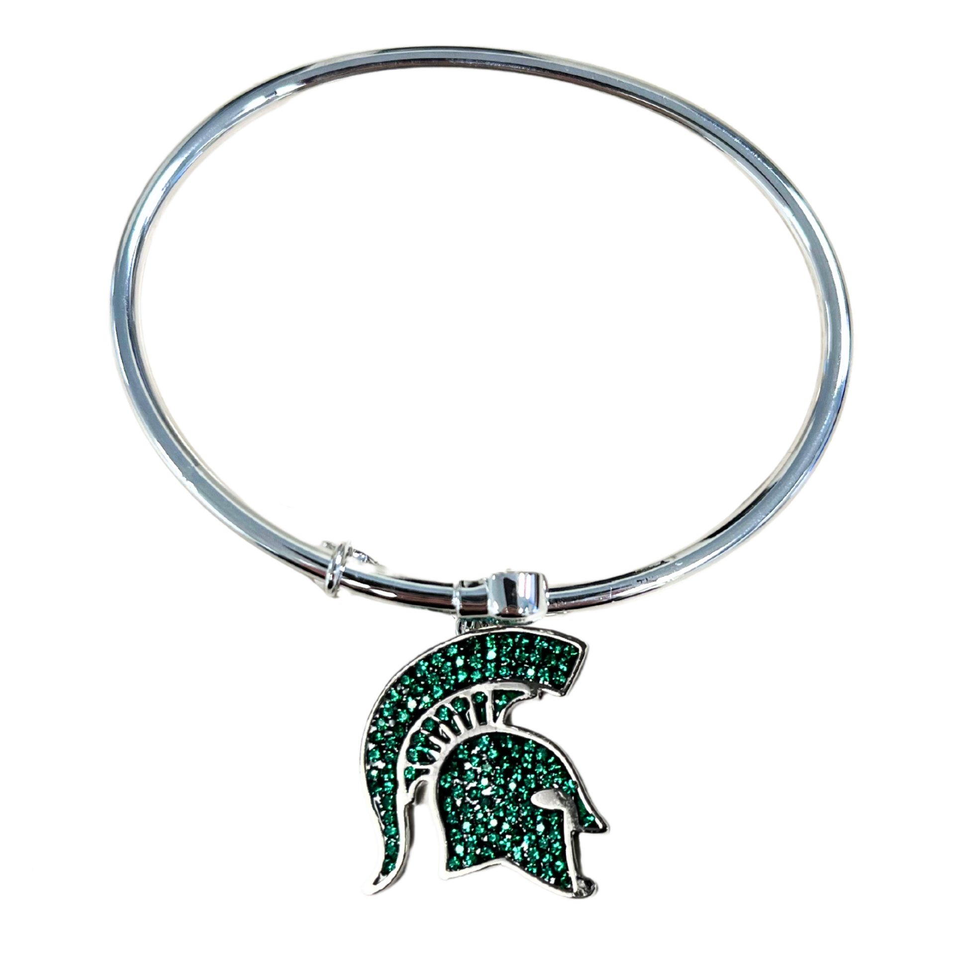 A silver, adjustable bangle style bracelet with a Spartan Helmet logo medallion that is filled with green crystals.