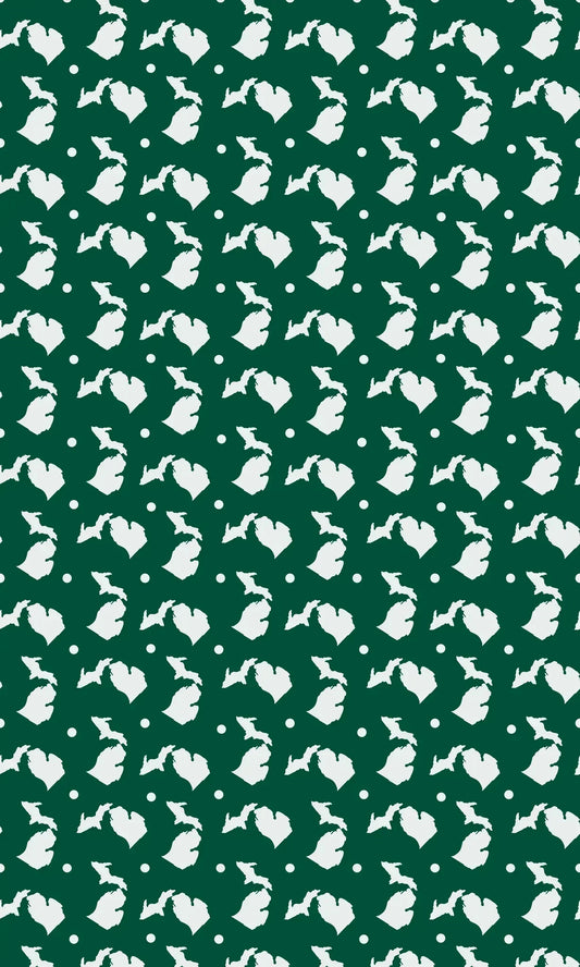 White State of Michigan sublimated images and white dots on forest green paper.