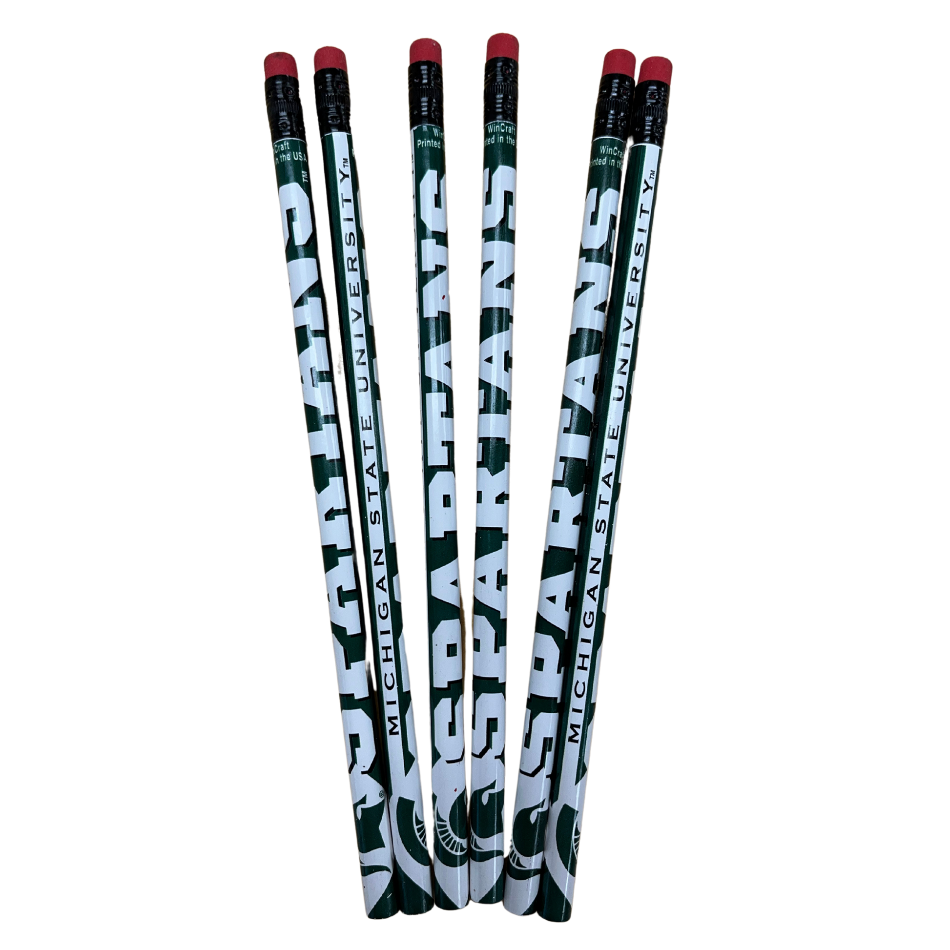 A set of six green and white pencils. On one side of the pencil is the word "Spartans" in white, while on the other side of the pencil is the white text reading "Michigan State University."