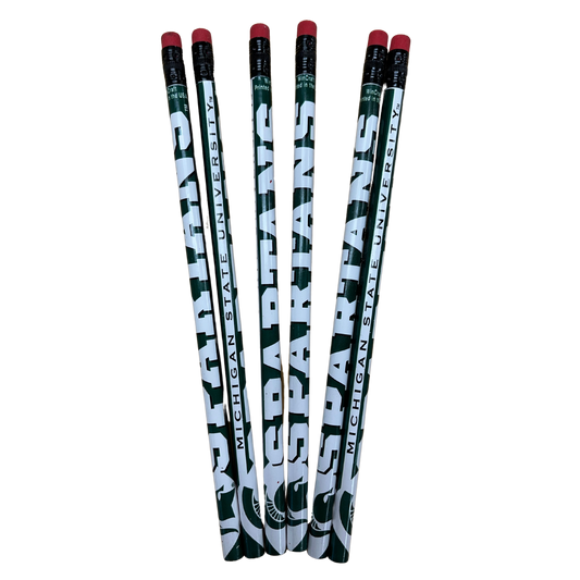 A set of six green and white pencils. On one side of the pencil is the word "Spartans" in white, while on the other side of the pencil is the white text reading "Michigan State University."