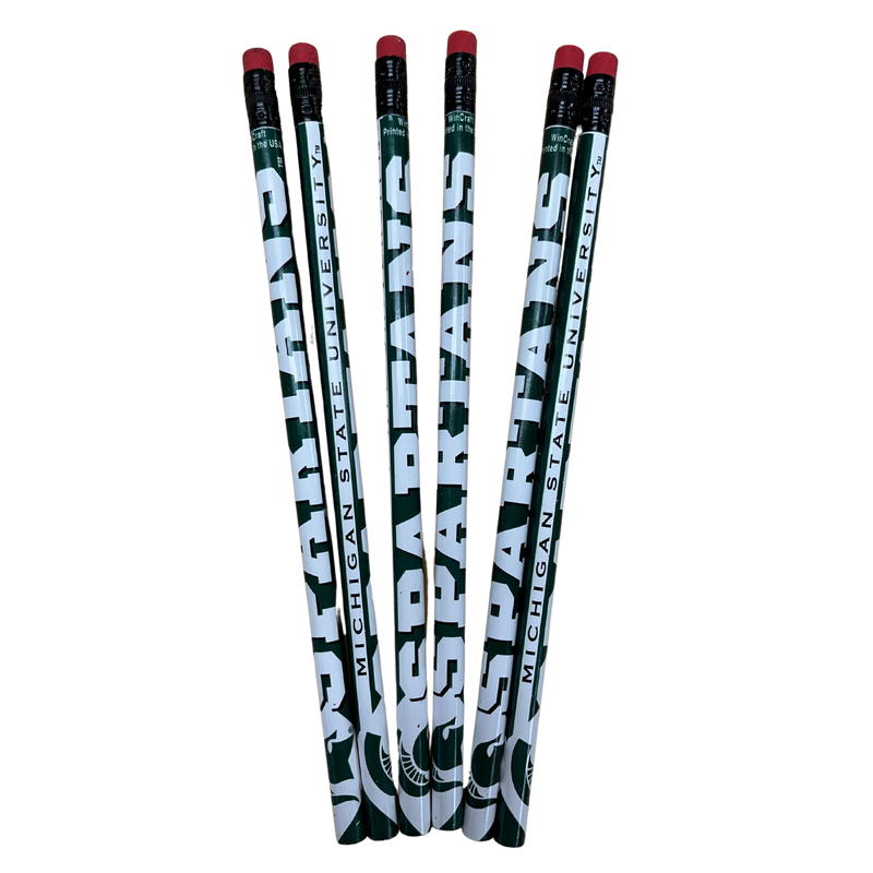 A set of six green and white pencils. On one side of the pencil is the word Spartans, while on the other side of the pencil is the text reading Michigan State University. 