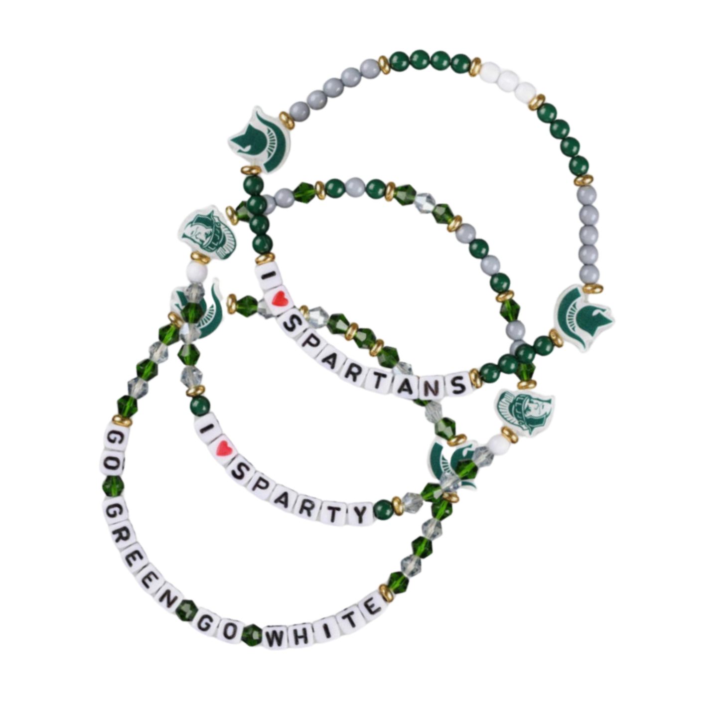 Three beaded bracelets, alternating green, white and clear beads. Two bracelets have two Spartan Helmet charms: one has lettering "I 'heart' Spartans," the other one has go green, go white and the third has two retro Sparty charms, with lettering that reads "I 'heart' Sparty."
