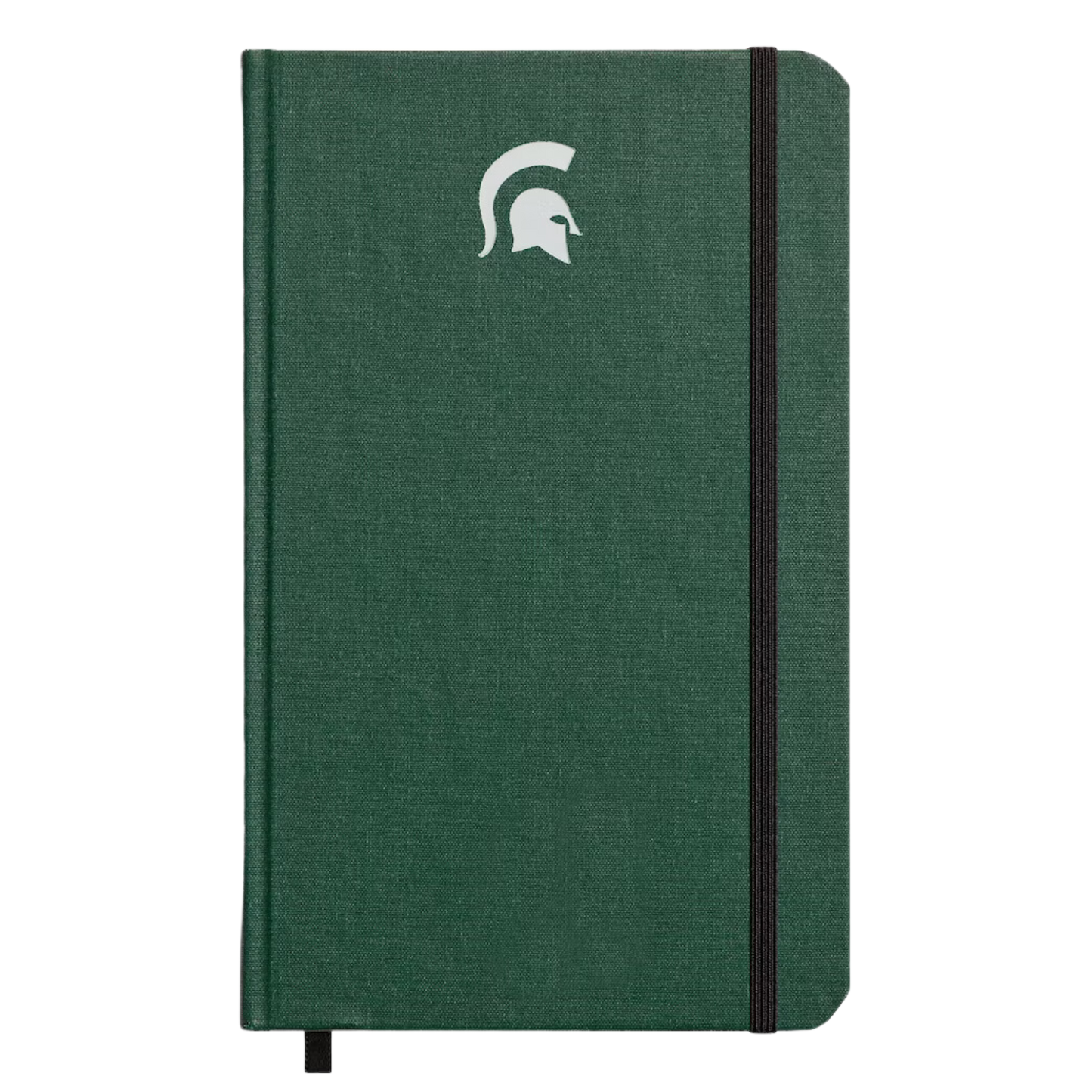Hard linen green journal with a white Spartan Helmet logo embossed on the cover and acid-free paper from sustainably managed American forests. 