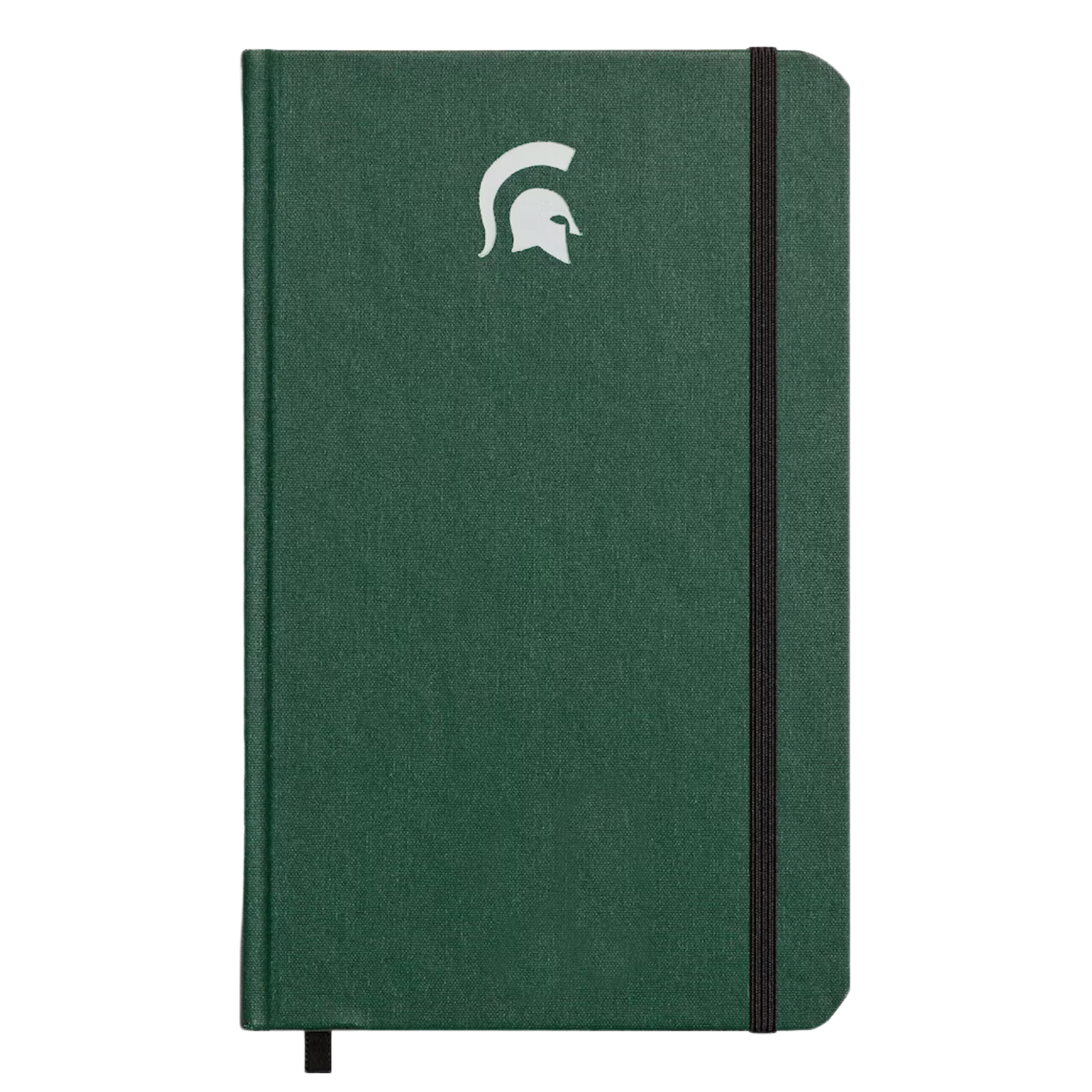 Hard linen green journal with a white Spartan Helmet logo embossed on the cover and acid-free paper from sustainably managed American forests. 