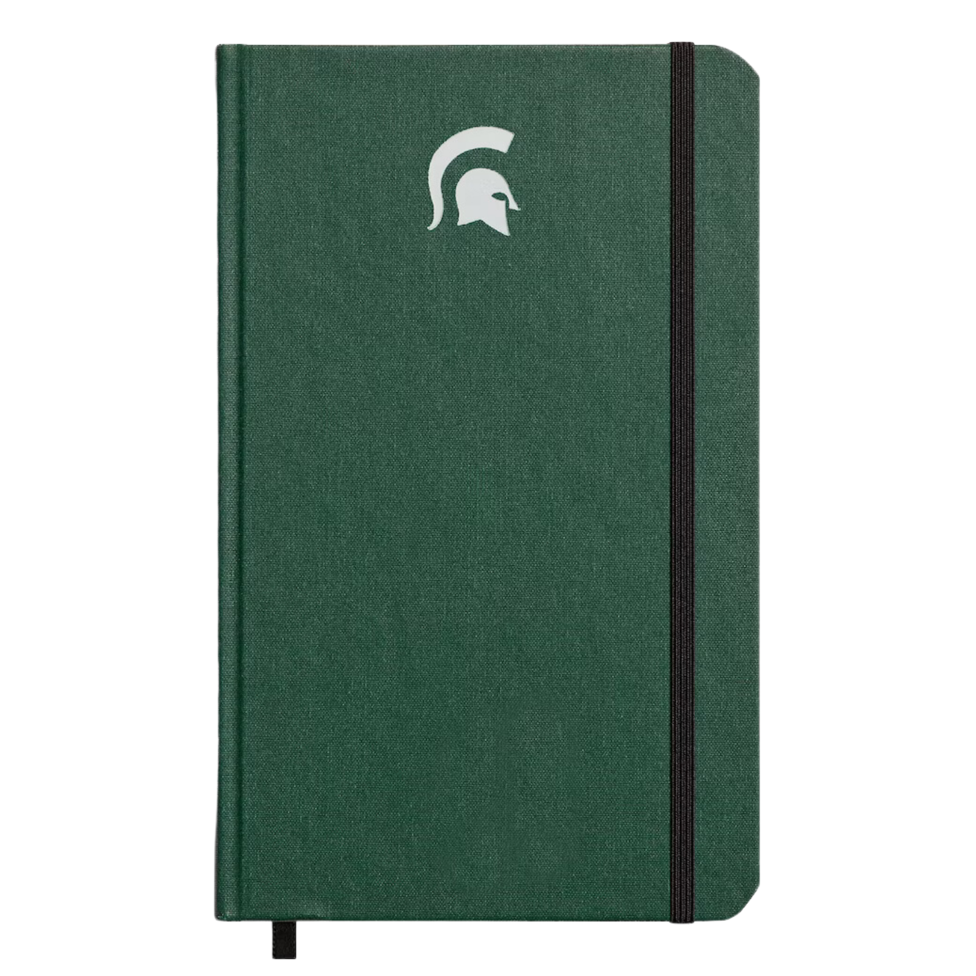 Hard linen green journal with a white Spartan Helmet logo embossed on the cover and acid-free paper from sustainably managed American forests. 