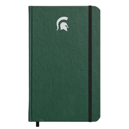 Hard linen green journal with a white Spartan Helmet logo embossed on the cover and acid-free paper from sustainably managed American forests. 