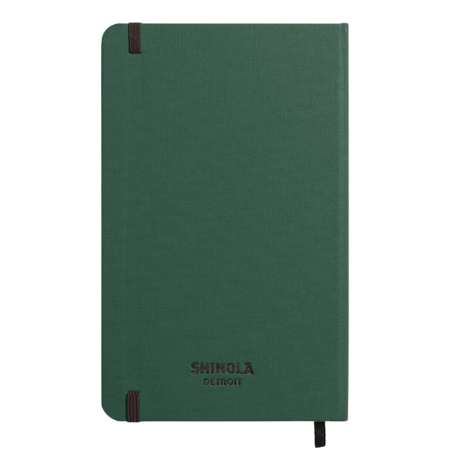 Back of hard linen green notebook with "Shinola Detroit" branding on a plain green back cover.