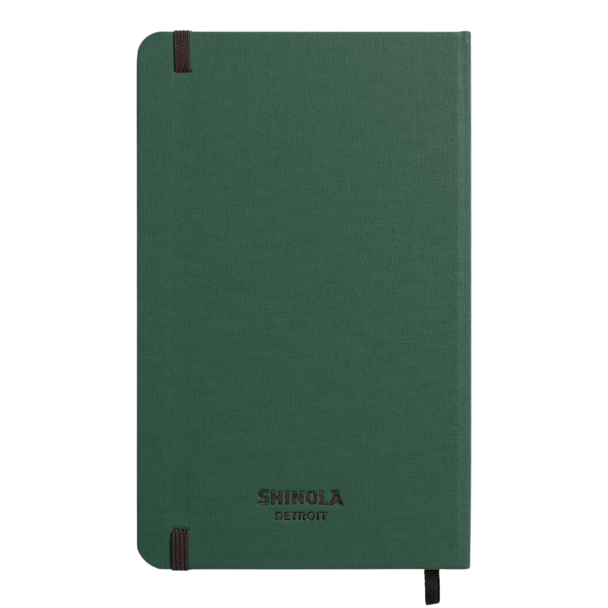 Back of hard linen green notebook with "Shinola Detroit" branding on a plain green back cover.