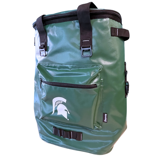 Hunter green cooler backpack with black straps and zippers. On the front pouch is a white Spartan Helmet logo.