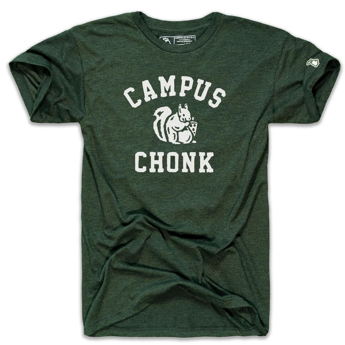 Green short sleeved T-shirt with a large white squirrel holding a piece of pizza graphic with "Campus" lettering above and "Chonk" below the graphic.