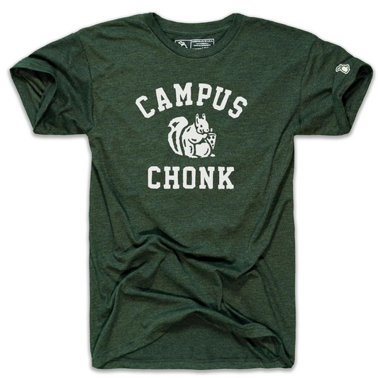 Green short sleeved T-shirt with a large white squirrel holding a piece of pizza graphic with "Campus" lettering above and "Chonk" below the graphic.